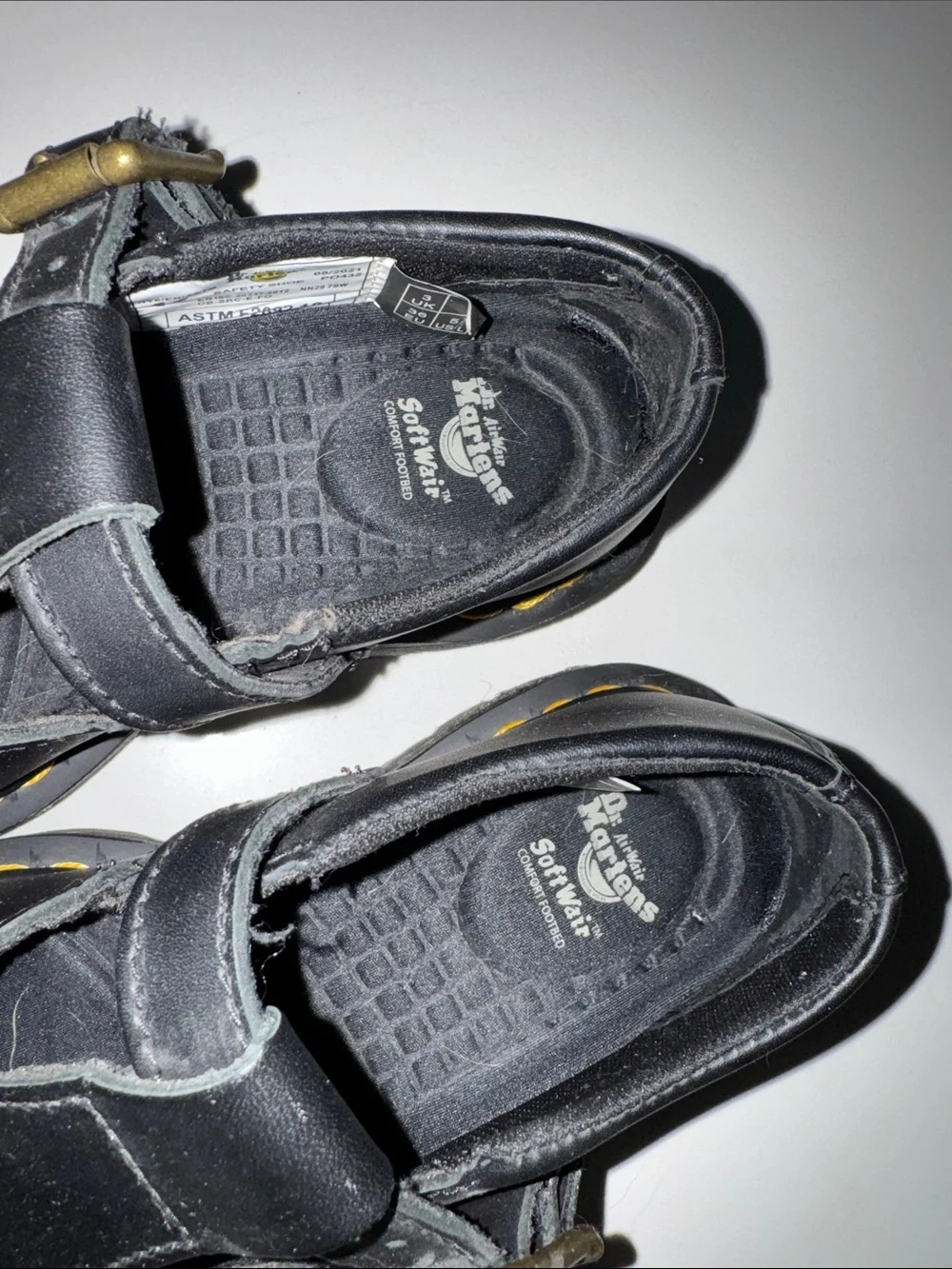 Dr. Martens Black Leather T-Bar Shoes with Yellow Stitching